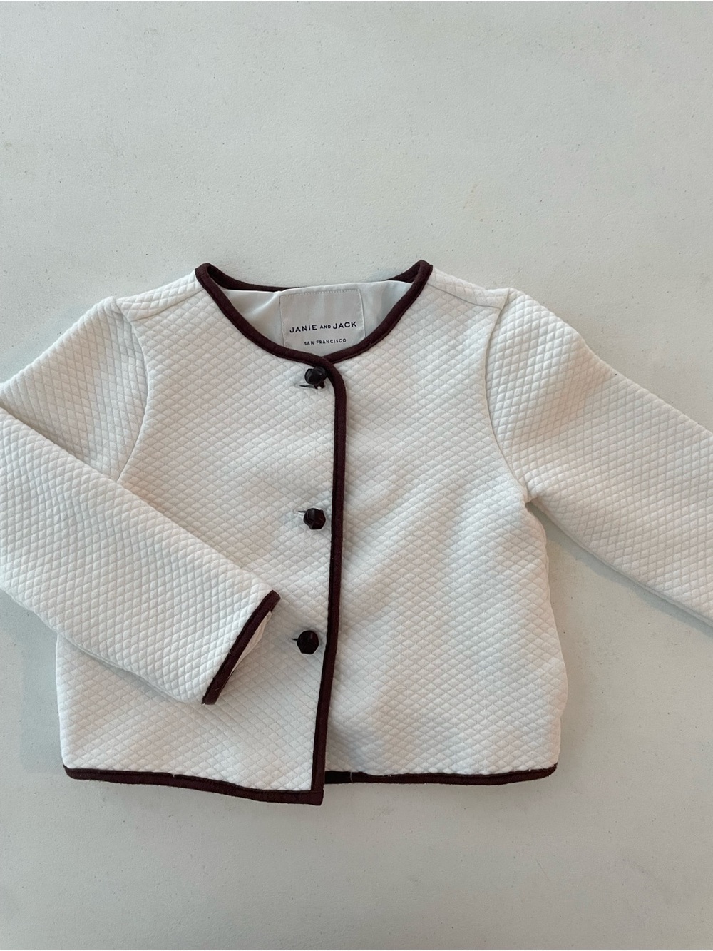 Janie and Jack White Quilted Jacket with Brown Trim